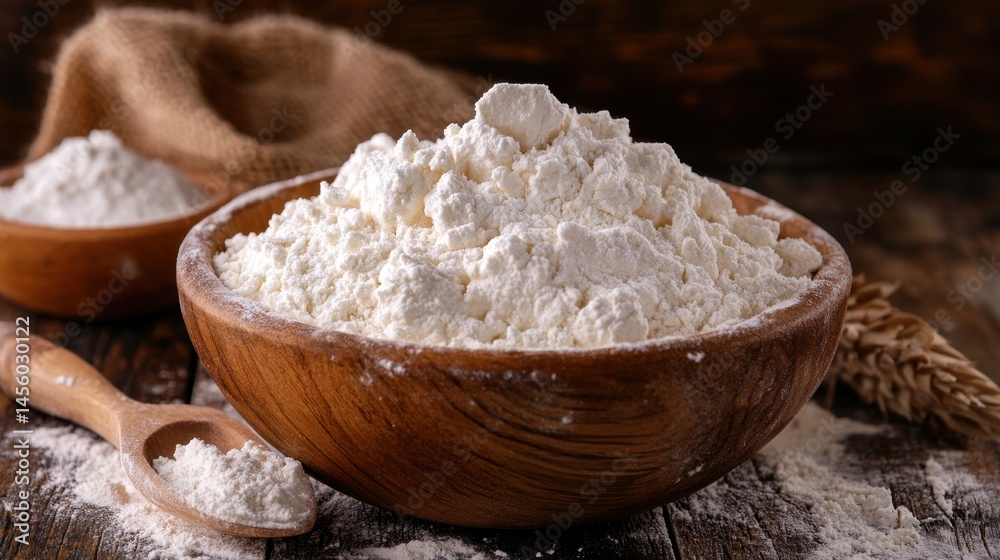Wooden Bowl of White Flour Baking Ingredient Rustic Wooden Bowl of White Flour Baking Ingredient Rustic