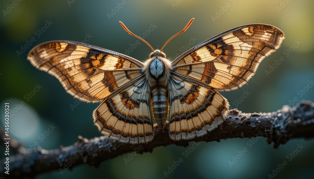 Naklejka premium Close-up of a Moth with Intricate Wing Patterns Resting on a Branch