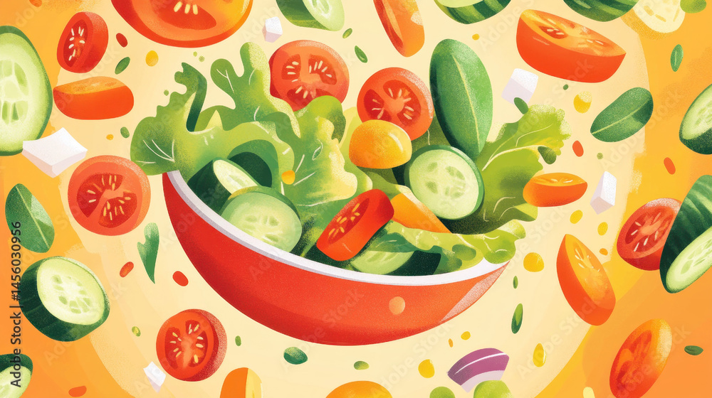 fresh vegetable salad in glass bowl with lettuce, tomatoes, cucumbers floating against orange background. healthy food concept. diet, nutrition, wellness. restaurant menu design, food illustration