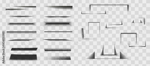 Square and rectangle box shadow effects. Realistic overlay and transparent shadows vector set, shades falling from objects on floor with soft black edges and dark corners, transparent background