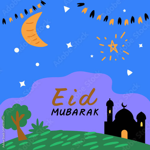Eid Mubarak vector with crescent moon, mosque silhouette, and starry night—perfect for traditional Eid celebrations.