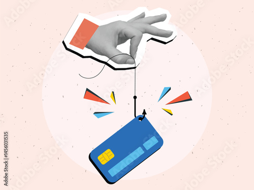 Hand holding fishing line with plastic card on fishing hook - concept of fraud. Modern photo collage style. Vector illustration