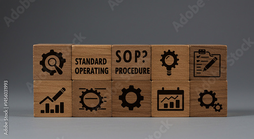 Wooden blocks displaying standard operating procedure and related icons on a gray background selling,purchasing,agreement,$ photo