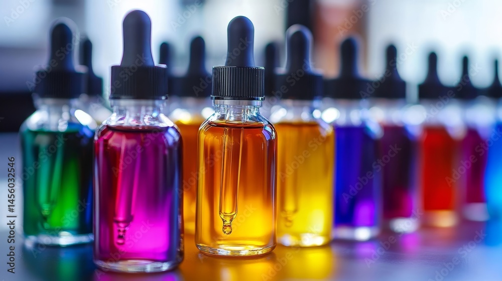 A row of colorful bottles with a black cap