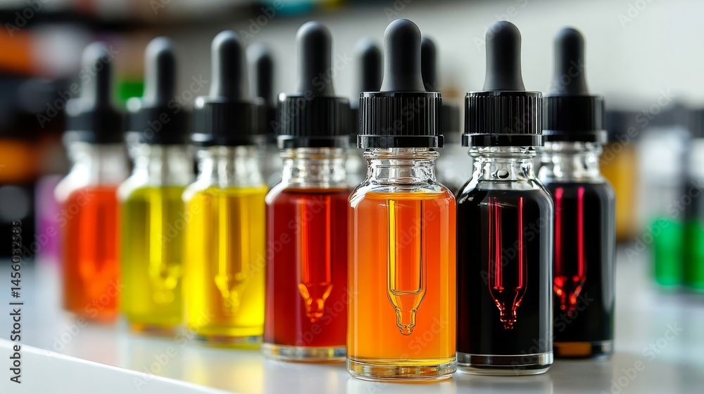 A row of colorful vials of different colored liquids