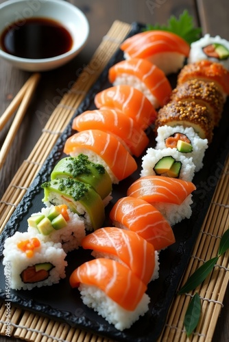 elegant flat-lay of a sushi platter with assorted nigiri and maki rolls, fresh salmon, avocado, and soy sauce dips, arranged on a bamboo mat with chopsticks