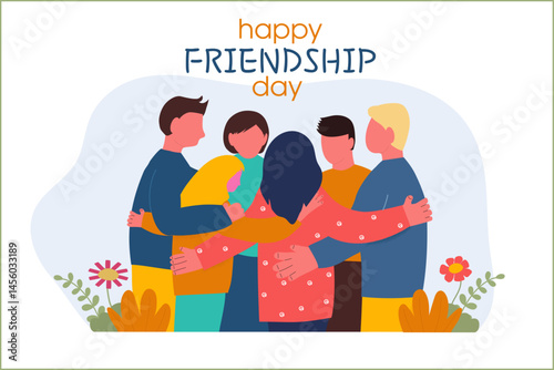 Celebrating International friendship day concept. Group of young positive people doing high five together, young generation celebrating social event holiday vector illustration