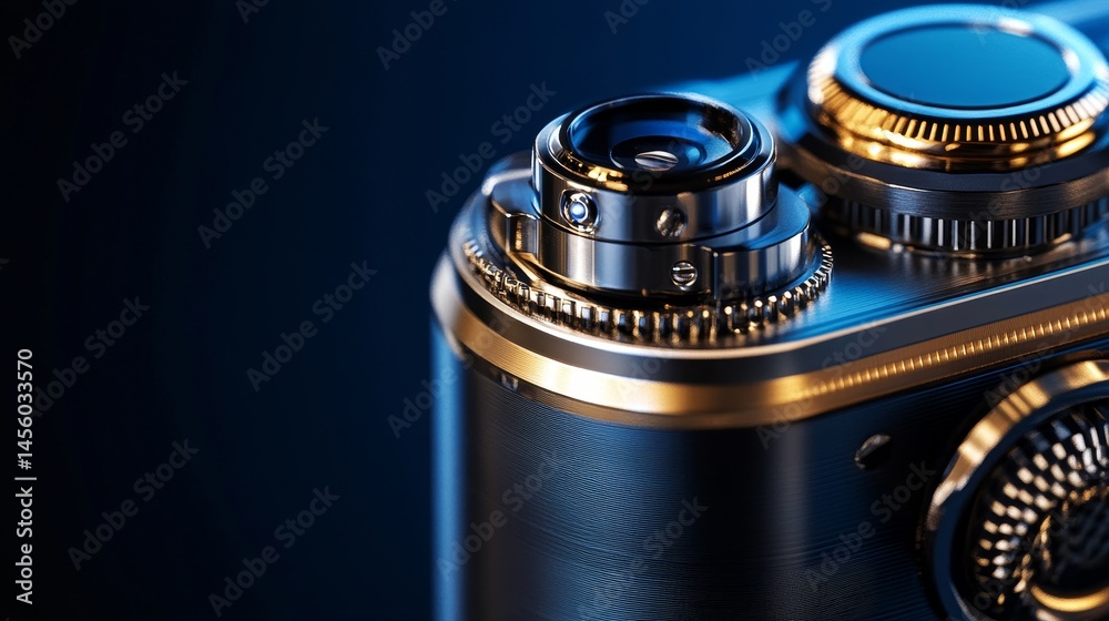 A close up of a camera with a gold band around the lens