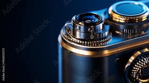A close up of a camera with a gold band around the lens