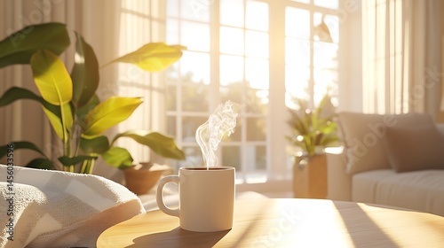 Scandinavian-style cozy living room filled with warm sunlight from large windows, featuring minimalist furniture, soft neutral blankets, indoor plants, and a steaming coffee mug on a wooden table.