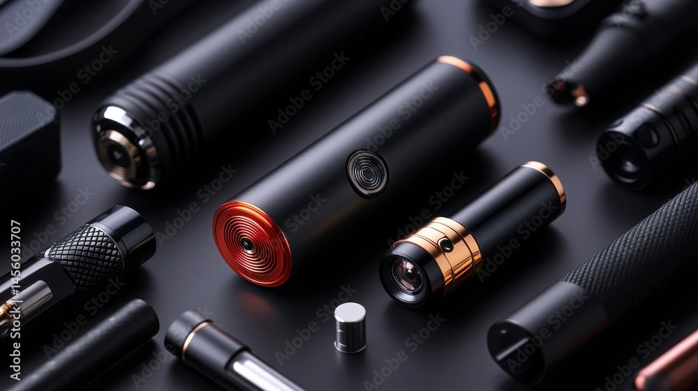 A collection of various electronic devices, including a vape, a pen