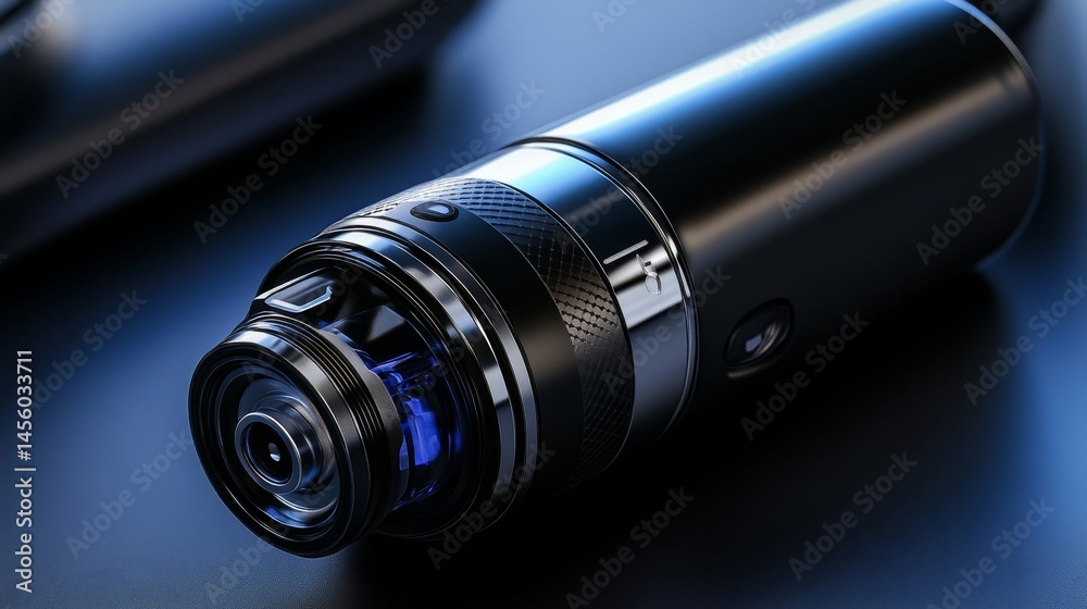 A black vape with a blue lens sits on a table
