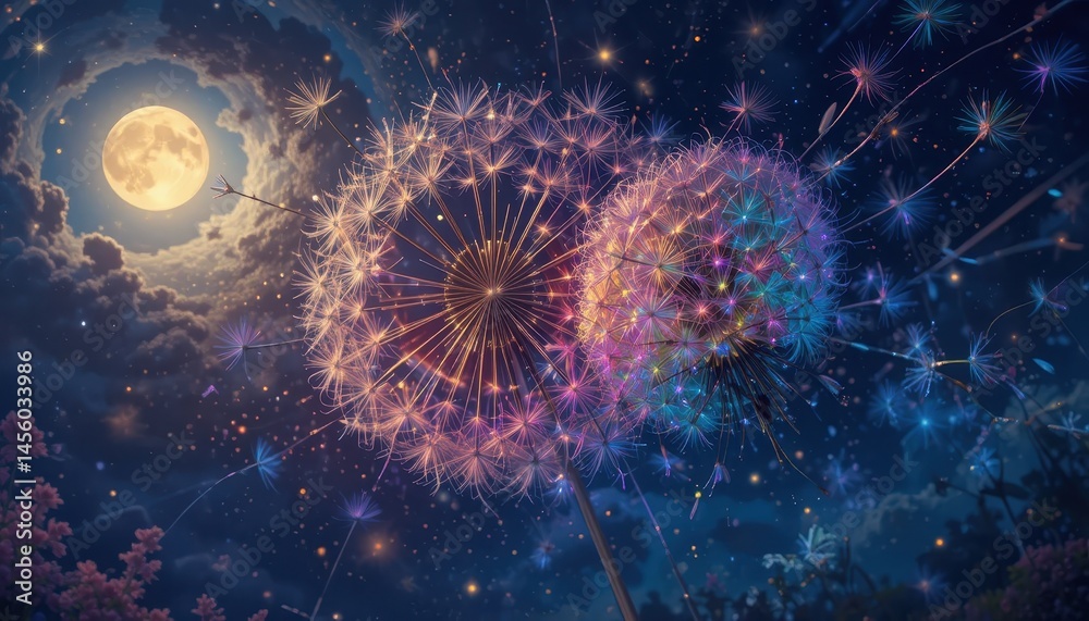 Fototapeta premium Magical Dandelion Wishes A Vibrant Night Sky Illustration