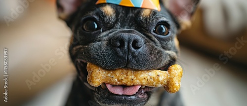 French bulldog puppy holds bone in mouth while wearing party hat, radiating happy celebratory energy.