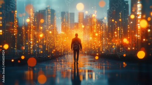 Silhouette figure walking down a vibrant city street.