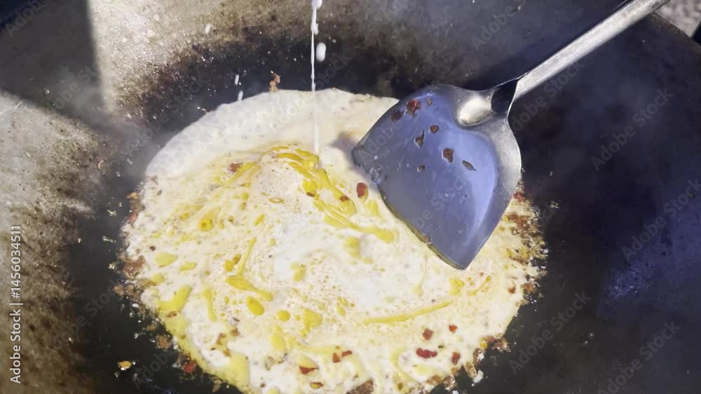 Asian cook is cooking in thai kitchen in local traditional country style, preparing sizzling thai green curry paste being stir fried in traditional wok to cook thai food green curry popular worldwide