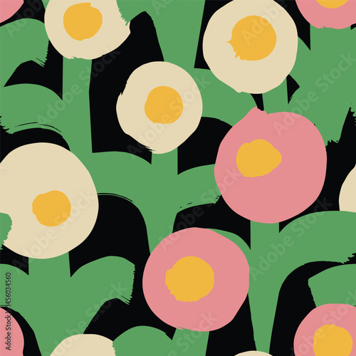 Seamless Hand Drawn Abstract Floral Pattern. Bold Retro Flowers in Pink, Beige, Green, Yellow and Black. Vintage Style Repeat for Fabric and Wallpaper
