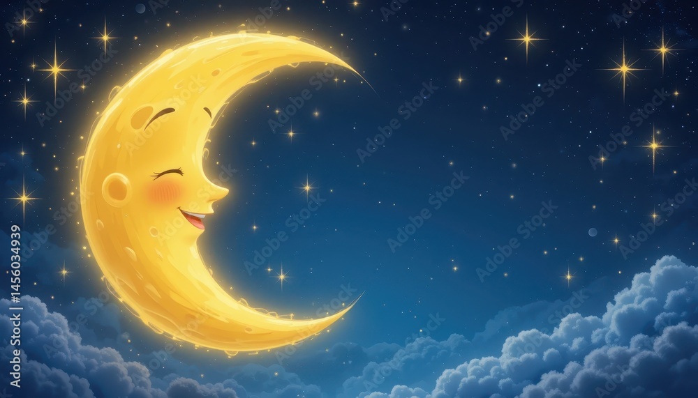 Fototapeta premium Smiling Crescent Moon in a Sparkling Night Sky Whimsical Illustration