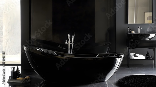97. A black bathroom with sleek finishes and a dark color scheme