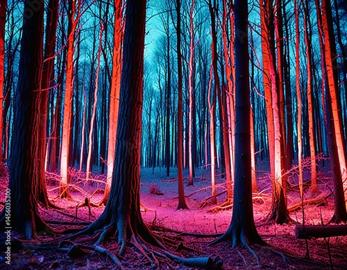 Elegant Psychedelic forest with trees made of neon light.