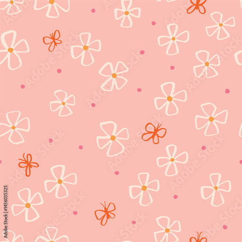 Beautiful Floral Seamless Pattern with Butterflies. Simple and Elegant Texture with Flowers in Pastel Colors
