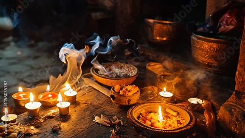 A table is covered with candles and flowers. The candles are lit and the flowers are in vases. Scene is warm and inviting