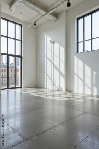 the empty room features floor to ceiling windows that flood the space with natural light