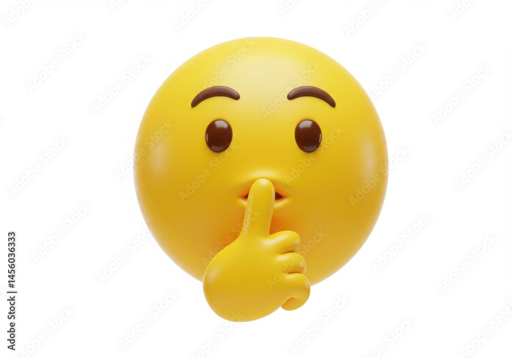 Fototapeta premium Yellow emoji with finger on lips isolated on white background