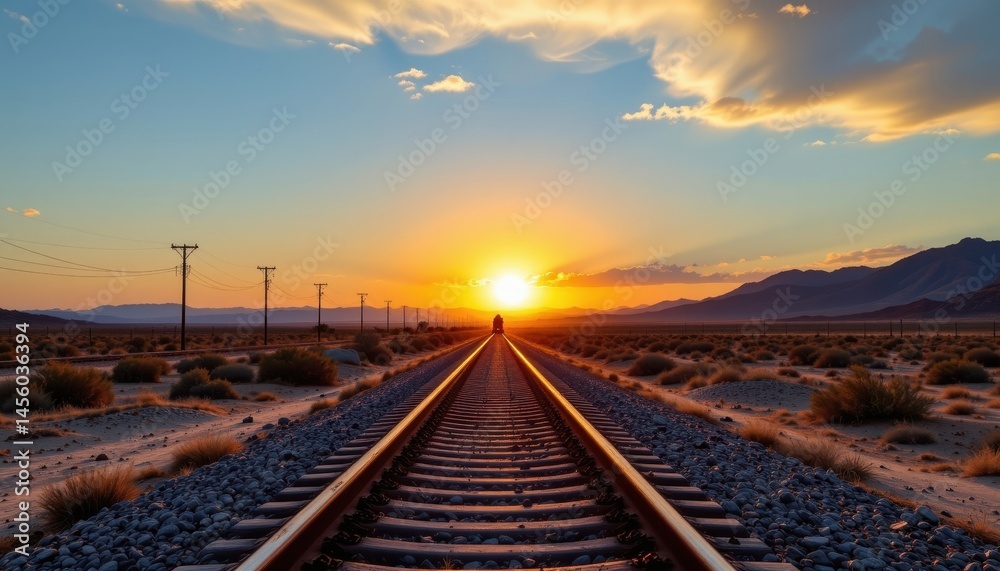 Obraz premium as the sun sets over the vast desert landscape, the railway tracks glisten in the fading light