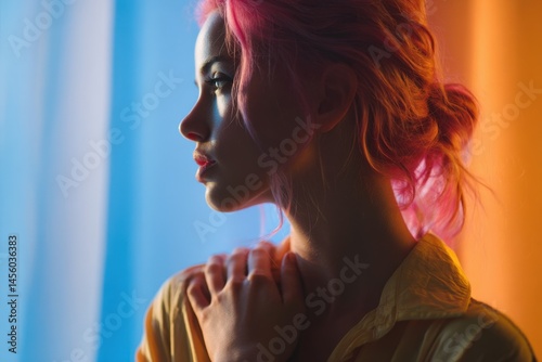 Young woman with pink hair, looking away, bathed in warm and cool light.