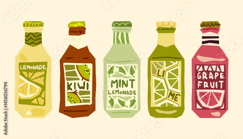 Fruit Lemonade Drink Bottle Collection. Flat-style illustration of five colorful fruit drink bottles labeled with lemon, kiwi, mint, lime, and grapefruit. Stylized geometric labels on soft background.