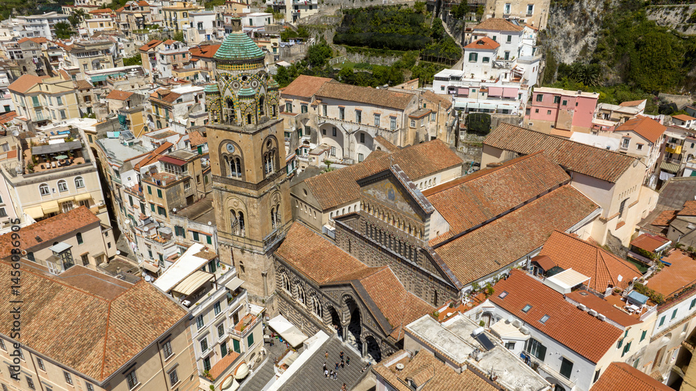 Aerial view of the Cathedral of Amalfi, in the province of Salerno, in Campania, Italy. The church, dedicated to St. Andrew the Apostle, is a national monument and is located in the center of the town