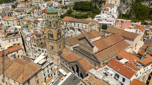 Obraz na płótnie Aerial view of the Cathedral of Amalfi, in the province of Salerno, in Campania, Italy. The church, dedicated to St. Andrew the Apostle, is a national monument and is located in the center of the town w salonie