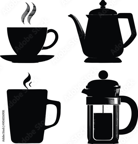 Set of Four Coffee and Tea Silhouettes Featuring a Steaming Cup on a Saucer, a Classic Teapot with a Handle and Spout, a Tall Mug with Rising Steam, and a French Press Coffee Maker | Minimalistic Blac