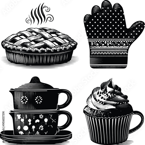 Set of Four Culinary-Themed Black and White Vector Illustrations Featuring a Lattice-Crust Pie with Rising Steam, a Patterned Oven Mitt, a Stack of Two Teacups with a Teapot, and a Cupcake 