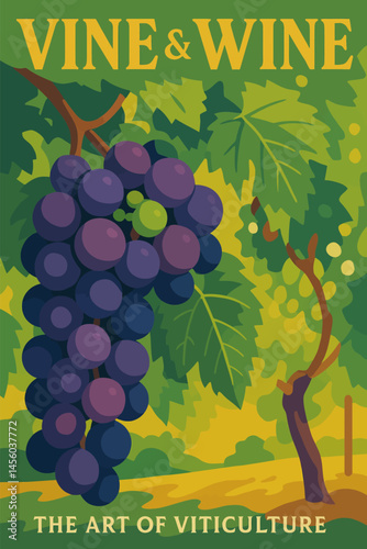 Grapes Hanging on Vine with Leaves Illustration of Viticulture Art