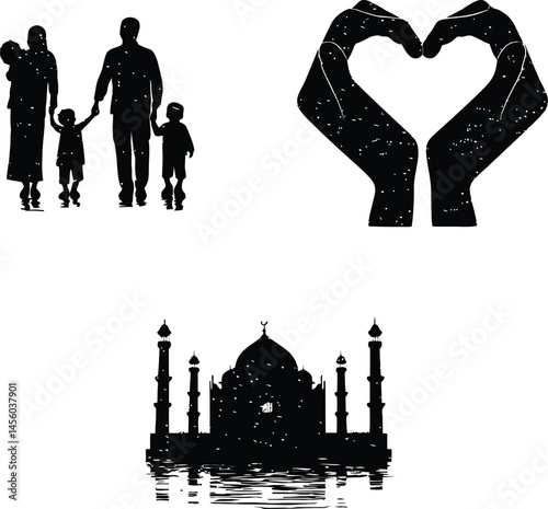 Set of Four Rural Community Silhouettes Depicting Daily Life Scenes Featuring a Farmer Carrying a Basket, a Group of People Near a Hand Pump, a Child Leading a Goat, and a Traditional Village House Un