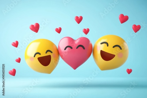 smiley emoji love triangle, admirer emojis floating hearts, vector design