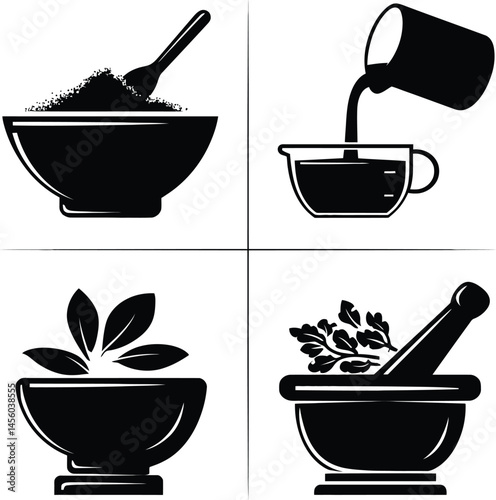 Set of Four Culinary Process Illustrations Featuring a Bowl with Powder and Spoon, a Cup Receiving Liquid from a Measuring Container, a Bowl with Fresh Herbs, and a Mortar and Pestle Grinding Leaves |