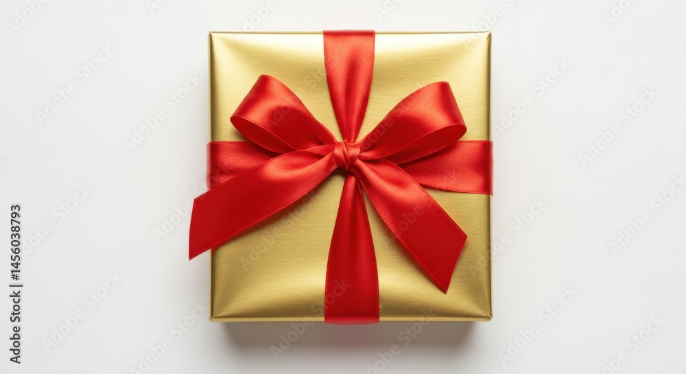 A golden gift box with a red satin ribbon tied in a bow on a plain white background studio shot A golden gift box with a red satin ribbon tied in a bow on a plain white background studio shot