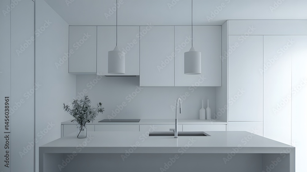 Fototapeta premium 42. A white kitchen with white cabinets, a white countertop, and white fixtures, maintaining a minimalist design