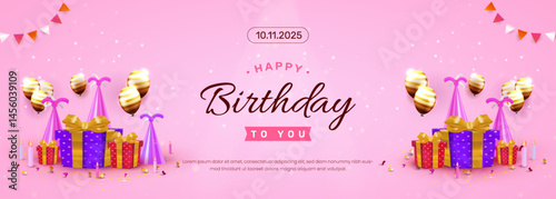 Colorful Birthday Party Banner with Gift Boxes and Gold Balloons
