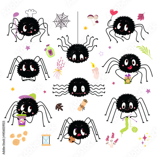 Cartoon spiders. Halloween characters. Black spider on web, holding heart, gift box, drinking and eating. Children mascots, stickers nowaday vector set