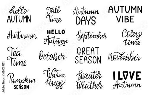 Hello autumn lettering. Fall typography, seasonal quotes hand drawn. Pumpkin season, fall time, sweater weather, warm hugs. Elements for cards, neoteric vector clipart
