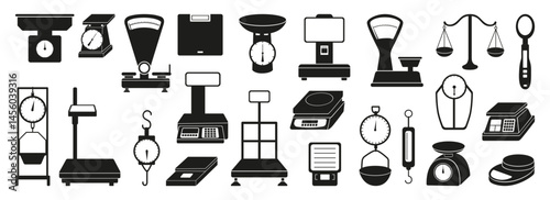 Black scales icons. Different type scale for weighing products and goods. Accessory for weight control and loss, measuring instruments neoteric vector set