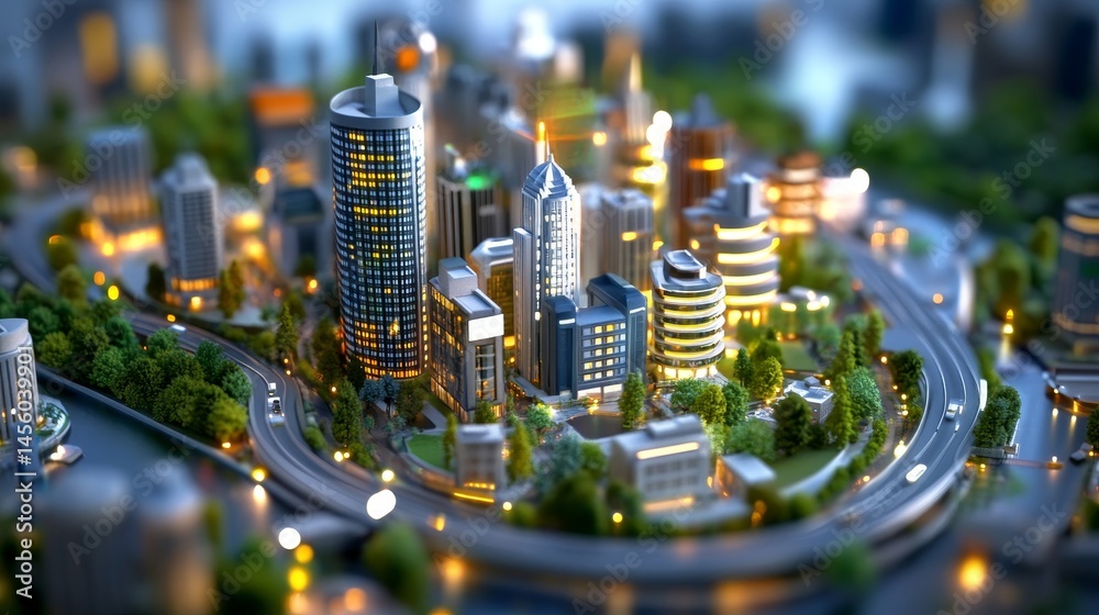 A cityscape with tall buildings and a highway
