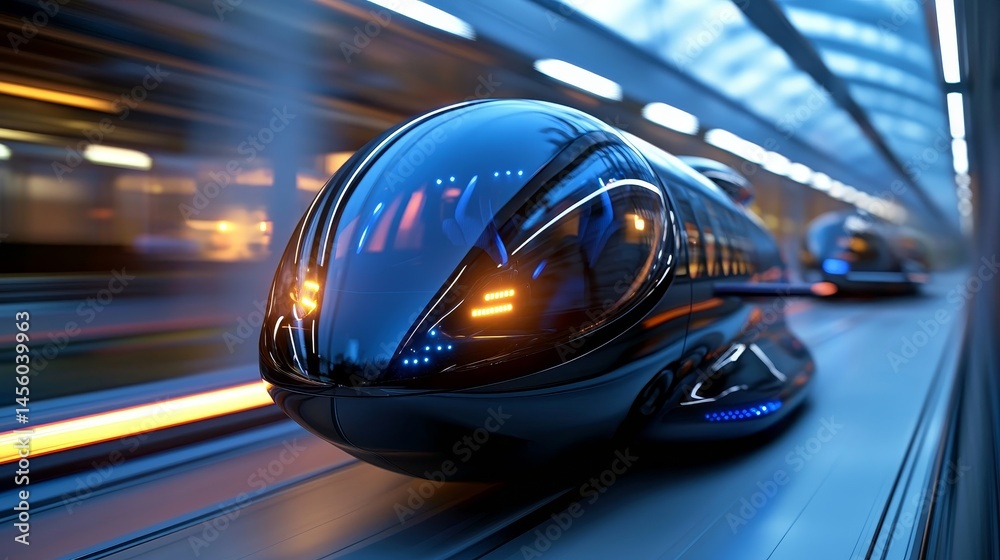 A futuristic train with a blue and silver exterior is traveling down a track