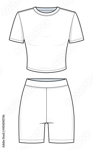 Basic running Athleisure Co-Ord Set Technical Fashion Illustration. Basic Cropped T-Shirt and biker Shorts Vector Template. Front View. Slim Fit. Women’s Activewear. CAD Mockup Set.