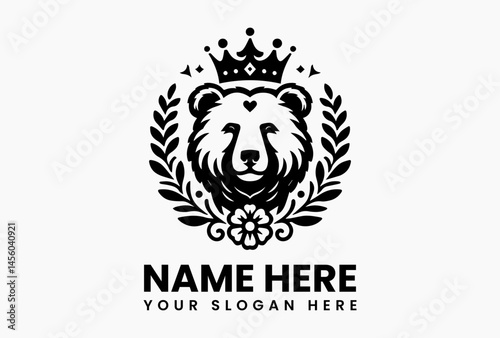 bear with abstract peony crown, modern vector logo for eco-luxury skincare and national parks  