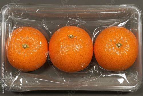 Three fresh oranges in a clear plastic tray photo